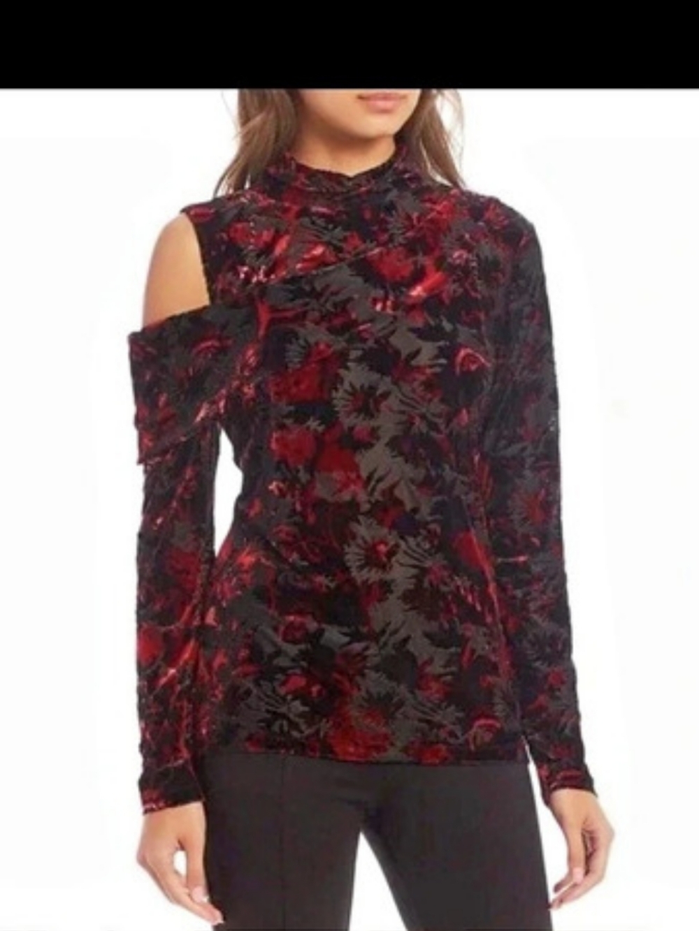 Donna Karan Burnout Floral Cold Shoulder Tunic Velvet Black & Red Size Large EU - Picture 7 of 7
